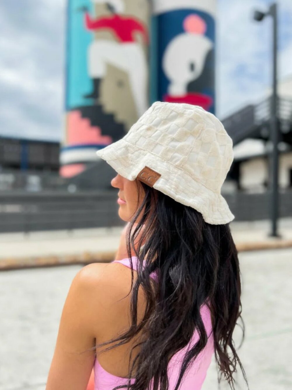 Checkered Pattern Terry Cloth C.C Bucket Hat for Women